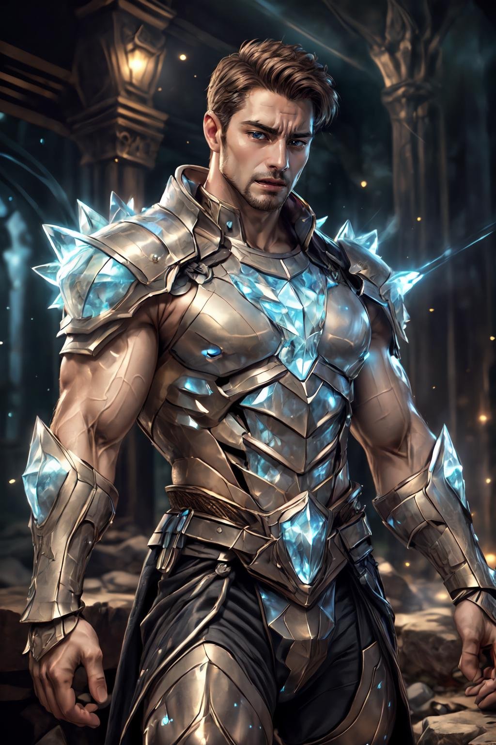 <lora:Clothing - Crystal Armor:.5>, (CRYSTAL4RMOR, CRYSTAL, GLOWING, SPARKLE)(homoerotic), masterpiece, highly detailed face and skin, hyperrealistic, male only, bara, mature, stubble, muscular male, handsome, male focus, spot lights, volumetric lighting, dramatic lighting, bokeh,  (close-up shot), ((cinematic lighting, realistic, detailed background, clear texture, best background, depth of field,light particles,(Balance and coordination between all things),real light and shadow, perspective, composition, adventurous, energy, exploration, contrast, experimental, unique <lora:style_adddetail:.7><lora:style_breakrealize:1>,upper body, spread arms, (detailed background, cinematic, detailed, atmospheric, epic, concept art, masterpiece, best quality, 8k, ultrarealsitc), realistic,