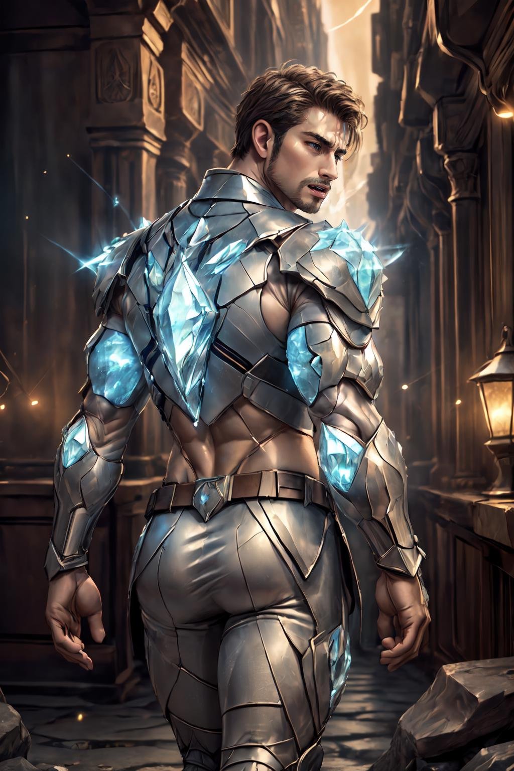 <lora:Clothing - Crystal Armor:.5>, (CRYSTAL4RMOR, CRYSTAL, GLOWING, SPARKLE)(homoerotic), masterpiece, highly detailed face and skin, hyperrealistic, male only, bara, mature, stubble, muscular male, handsome, male focus, spot lights, volumetric lighting, dramatic lighting, bokeh,  (close-up shot), ((cinematic lighting, realistic, detailed background, clear texture, best background, depth of field,light particles,(Balance and coordination between all things),real light and shadow, perspective, composition, adventurous, energy, exploration, contrast, experimental, unique <lora:style_adddetail:.7><lora:style_breakrealize:1>,from back and from above, walking, (detailed background, cinematic, detailed, atmospheric, epic, concept art, masterpiece, best quality, 8k, ultrarealsitc), realistic,