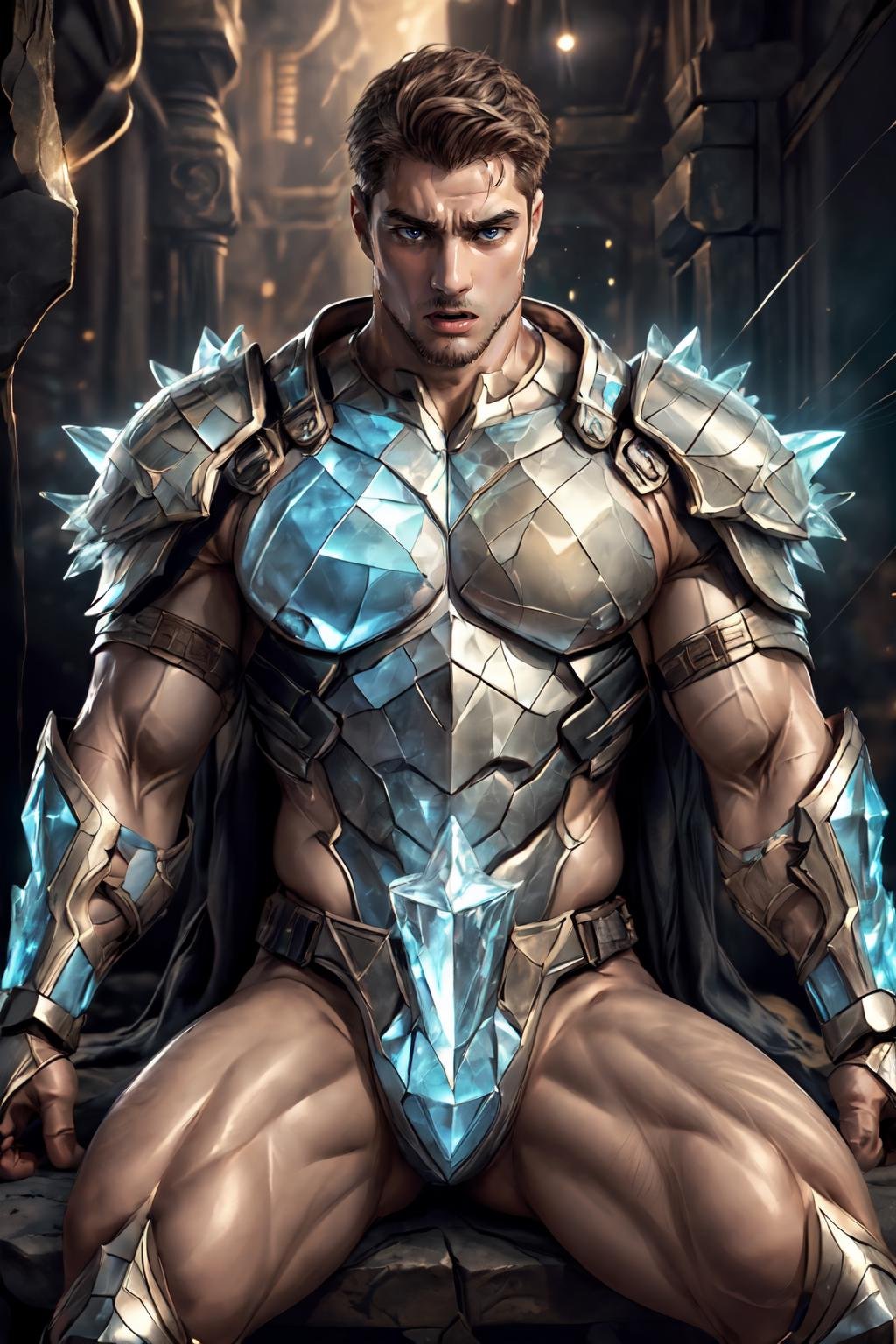 <lora:Clothing - Crystal Armor:.5>, (CRYSTAL4RMOR, CRYSTAL, GLOWING, SPARKLE)(homoerotic), masterpiece, highly detailed face and skin, hyperrealistic, male only, bara, mature, stubble, muscular male, handsome, male focus, spot lights, volumetric lighting, dramatic lighting, bokeh,  (close-up shot), ((cinematic lighting, realistic, detailed background, clear texture, best background, depth of field,light particles,(Balance and coordination between all things),real light and shadow, perspective, composition, adventurous, energy, exploration, contrast, experimental, unique <lora:style_adddetail:.7><lora:style_breakrealize:1>,from above, spread legs, (detailed background, cinematic, detailed, atmospheric, epic, concept art, masterpiece, best quality, 8k, ultrarealsitc), realistic,