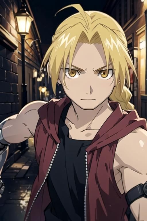 masterpiece, best quality, game cg, 1boy, solo, male focus, looking at viewer, , depth of field, anime coloring, realistic, <lora:edward_elric:0.68>, edward_elric, blonde hair, yellow eyes, single mechanical arm, single braid, braided ponytail, long hair