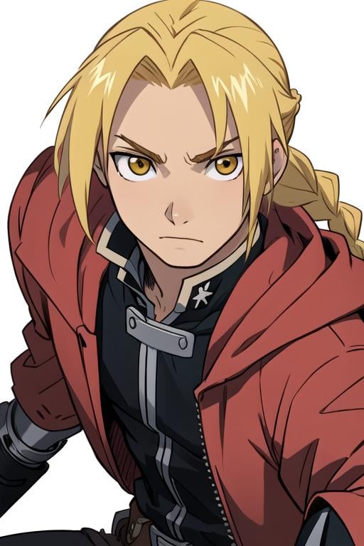 masterpiece, best quality, , 1boy, solo, male focus, looking at viewer, , , , realistic, <lora:edward_elric:0.66>, edward_elric, blonde hair, yellow eyes, single mechanical arm, braided ponytail