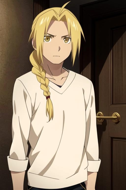 masterpiece, best quality, wallpaper, 1boy, solo, male focus, looking at viewer, , , , , <lora:edward_elric:0.66>, edward_elric, blonde hair, yellow eyes, braid, single braid, braided ponytail, prosthesis