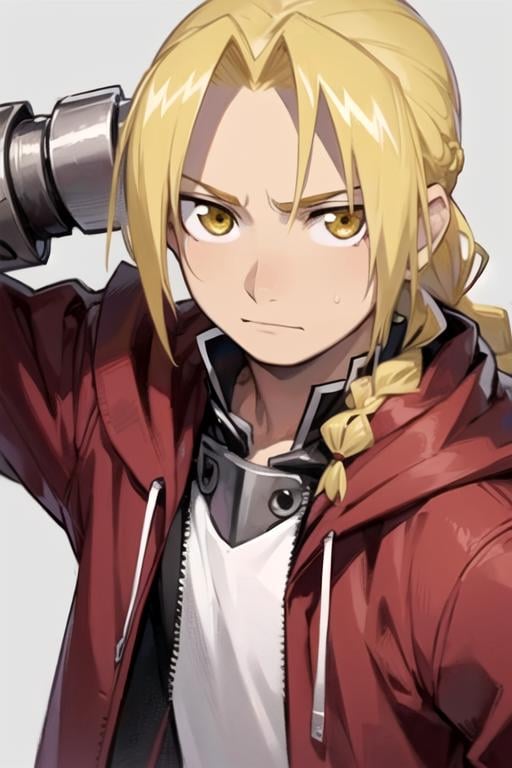 masterpiece, best quality, wallpaper, 1boy, solo, male focus, looking at viewer, , , , realistic, <lora:edward_elric:0.74>, edward_elric, blonde hair, yellow eyes, braid, single braid, braided ponytail, single mechanical arm, , , , 32k resolution