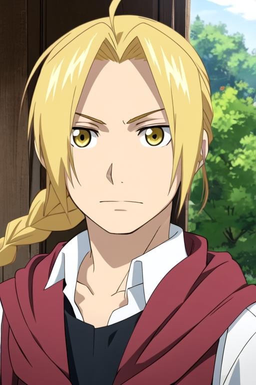 masterpiece, best quality, photorealistic, 1boy, solo, male focus, looking at viewer, upper body, , ligne claire, , <lora:edward_elric:0.66>, edward_elric, blonde hair, yellow eyes, braid, single braid, braided ponytail,