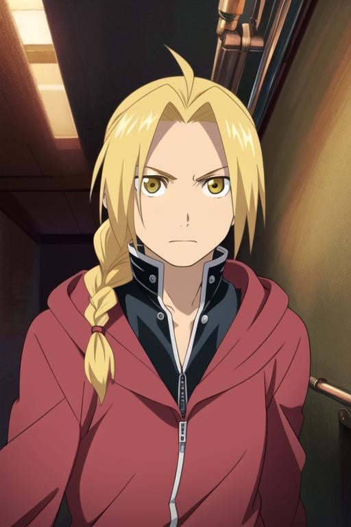 masterpiece, best quality, illustration, 1boy, solo, male focus, looking at viewer, upper body, , , realistic, <lora:edward_elric:0.68>, edward_elric, blonde hair, yellow eyes, braid, single braid, braided ponytail, mechanical arms