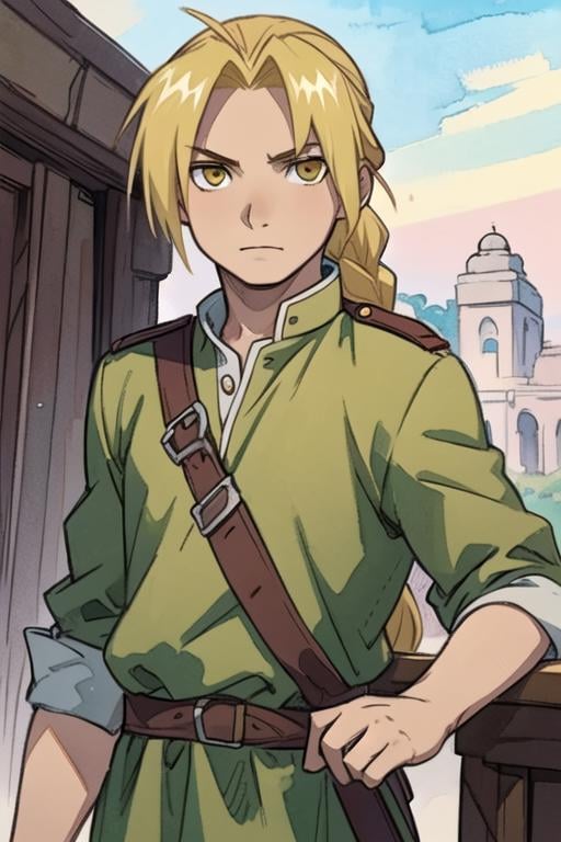 masterpiece, best quality, movie still, 1boy, solo, male focus, looking at viewer, upper body, , (watercolor illustration, soft pastel colors:1.1), realistic, <lora:edward_elric:0.66>, edward_elric, blonde hair, yellow eyes, braid, single braid, braided ponytail, , indian costume, world war 2, 32k resolution