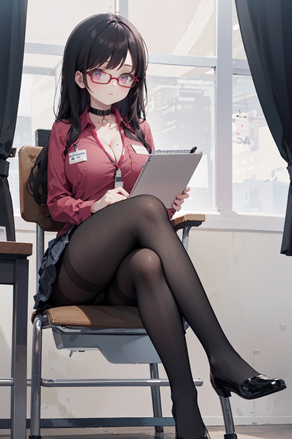 best quality, masterpiece,1girl,solo,long hair,glasses,black hair,breasts,choker,shirt,id card,pantyhose,black gloves,large breasts,black choker,red shirt,crossed legs,under-rim eyewear,clipboard,long sleeves,red-framed eyewear,cleavage,bangs,lanyard,mole,collared shirt,brown pantyhose,pink eyes,skirt,pocket,red office uniform,(full body, sitting:1.1),