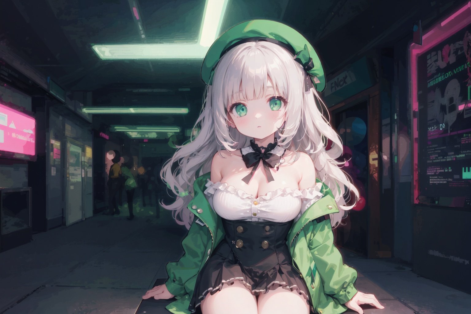 masterpiece, best quality, extremely detailed CG unity 8k wallpaper,game_cg, artbook, wallpaper, colorful,1girl, beret, bowknot on beret, wearing an off- shoulder floating jacket,  wavy delicate hair, delicate face, bare shoulder, sitting on the top of the building,   beautiful and delicate eyes, solo, big breasts, delicate background, streets with neon lights,wide shot,green fluorescent paint, noline art, silhouette, partially colored, (alternate color), (green and dark violet), dark violet shadow, (synth wave), (chromatic aberration), (((thick) outline)), green outline, green neon lights, perfect shadow,