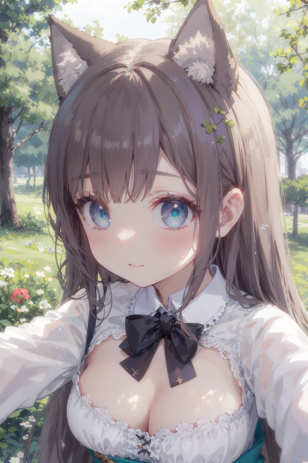 masterpiece,best quality, kawaii background, extremely detailed fine touch, highres, wallpaper, ray tracing, sunlight, ///,solo, 1girl, perfect female body, breasts, (cleavage:0.8), cat ears, animal ear fluff, Bronze hair, Absurdly long hair, luminous eyes, bangs, light blush, delighted,aqua skirt,  (portrait:1.2), face focus,outdoors, pine tree, lavender \(flower\), clover, lawn, garden,