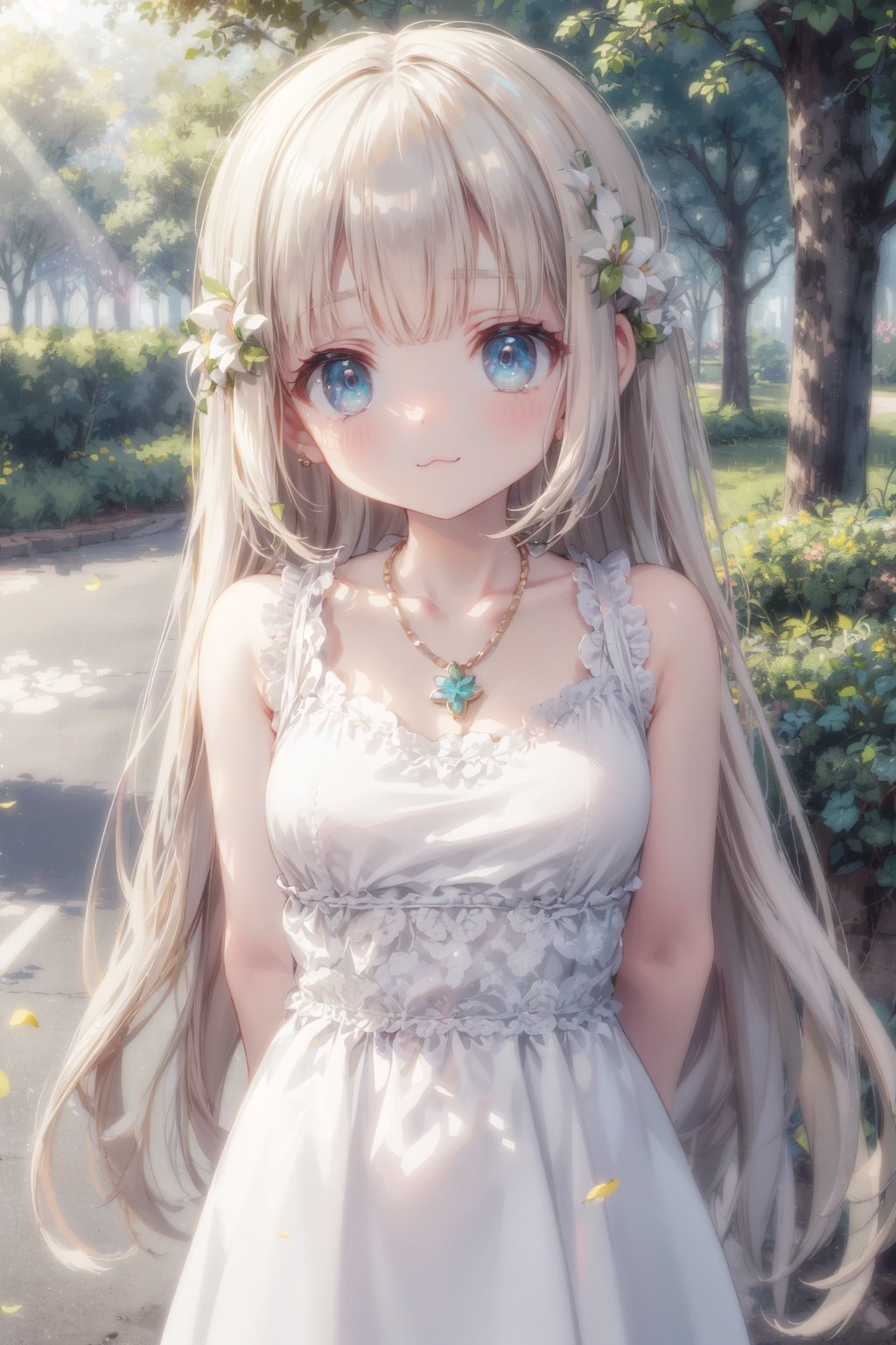 masterpiece,best quality,kawaii background, extremely detailed fine touch,extremely detailed CG unity 8k wallpaper, highres, wallpaper, ray tracing, (sunlight:1.2),solo, female child, solo, luminous eyes, perfect female body, gem necklace, bangs, :3, arm behind back,tube dress, Very long hair, Bronze hair,upper body, breasts focus, perspective,outdoors, pine tree, lily \(flower\), clover, lawn, park,<lora:add_detail:0.6>