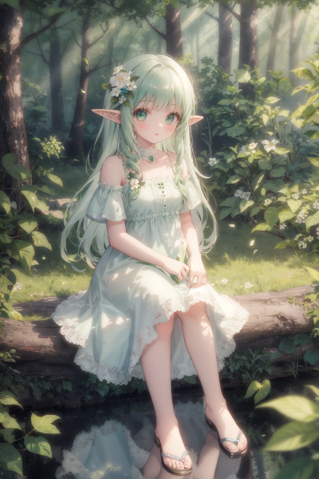 masterpiece,best quality,(ray tracing, reflection light),sunlight,solo, 1girl, full body, sitting, looking at viewer, elf girl, long hair, green hair, [green|blue] eyes, dress, white hair flower, hair ornament, wind, leaf, tree, forest