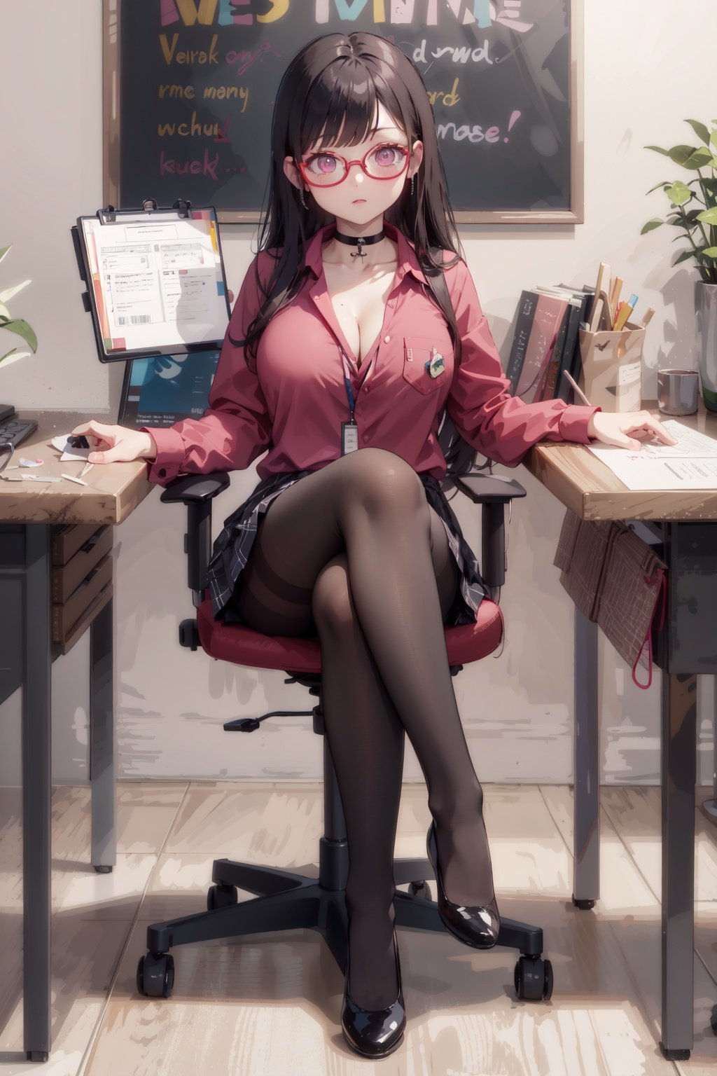 best quality, masterpiece,1girl,solo,long hair,glasses,black hair,breasts,choker,shirt,id card,pantyhose,black gloves,large breasts,black choker,red shirt,crossed legs,under-rim eyewear,clipboard,long sleeves,red-framed eyewear,cleavage,bangs,lanyard,mole,collared shirt,brown pantyhose,pink eyes,skirt,pocket,red office uniform,(full body, sitting:1.1),