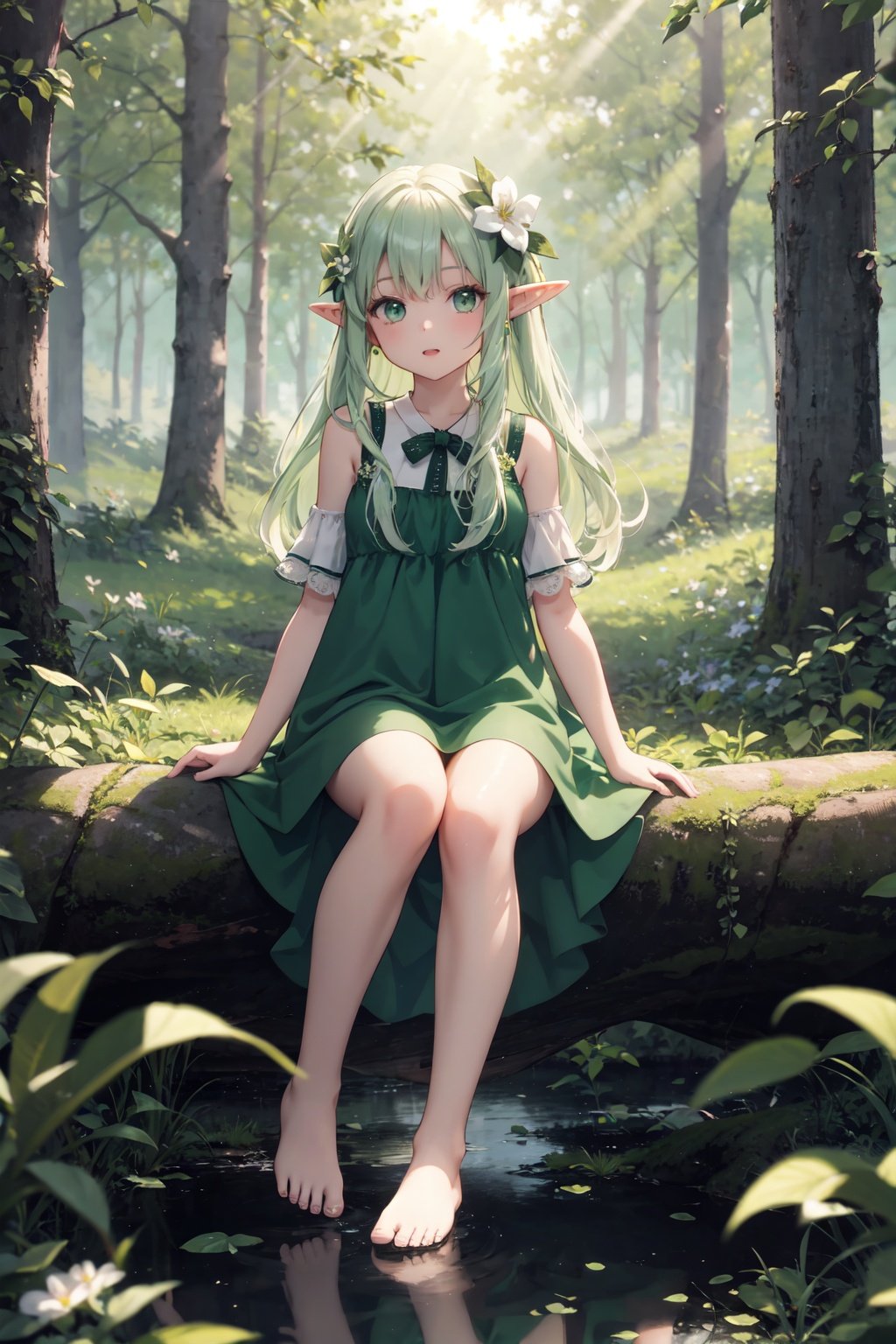 masterpiece,best quality,(ray tracing, reflection light),sunlight,solo, 1girl, full body, sitting, looking at viewer, elf girl, long hair, green hair, [green|blue] eyes, dress, white hair flower, hair ornament, wind, leaf, tree, forest