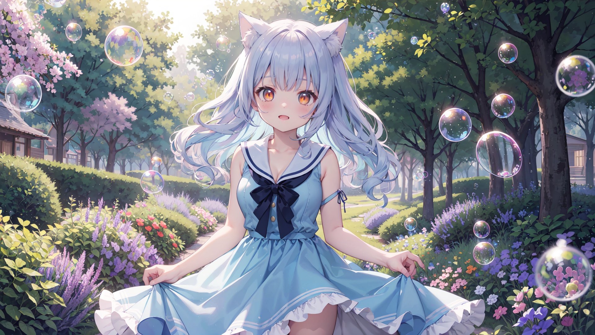 masterpiece,best quality, fantasy illustration, kawaii background, extremely detailed fine touch, highres, wallpaper, ray tracing, sunlight,solo, 1girl, loli, perfect female body, breasts, (cleavage:0.8), cat ears, animal ear fluff, light blue hair, wavy hair, orange eyes, bangs, light blush, delighted,sailor dress, cowboy shot,(super wide shot,:1.1),((colorful bubble)),(floating),detailed light,outdoors, pine tree, lavender \(flower\), clover, lawn, garden,