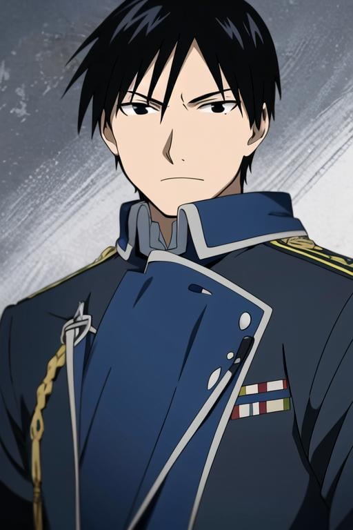 masterpiece, best quality, wallpaper, 1boy, solo, male focus, looking at viewer, , depth of field, ligne claire, , <lora:roy_mustang:0.74>, roy_mustang, black hair, black eyes