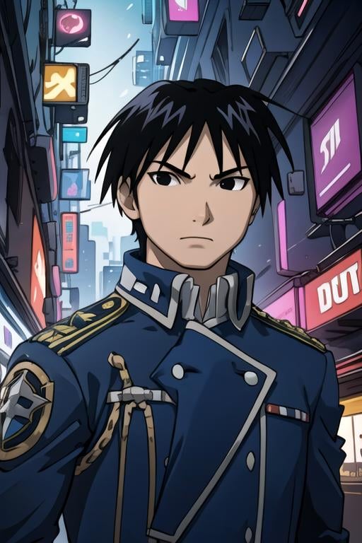 masterpiece, best quality, game cg, 1boy, solo, male focus, looking at viewer, upper body, , , , <lora:roy_mustang:0.72>, roy_mustang, black hair, black eyes, , , cyberpunk,