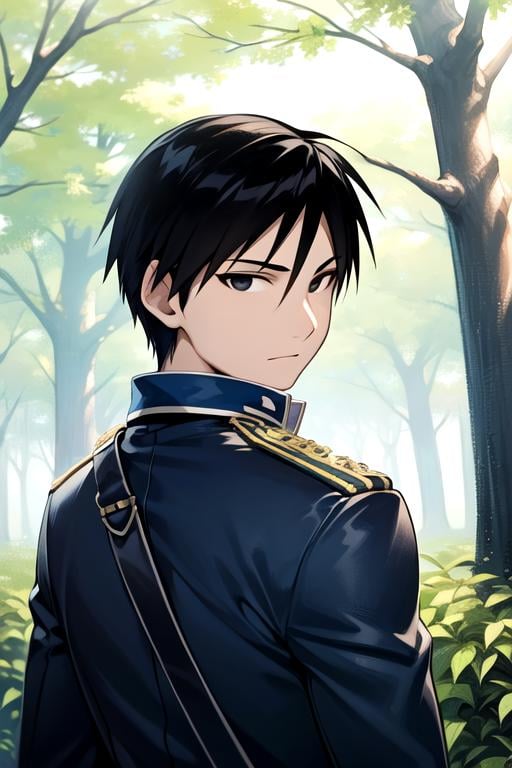 masterpiece, best quality, illustration, 1boy, solo, male focus, looking at viewer, , , , , <lora:roy_mustang:0.66>, roy_mustang, black hair, black eyes, jester costume, The Enchanted Forest, 16k resolution