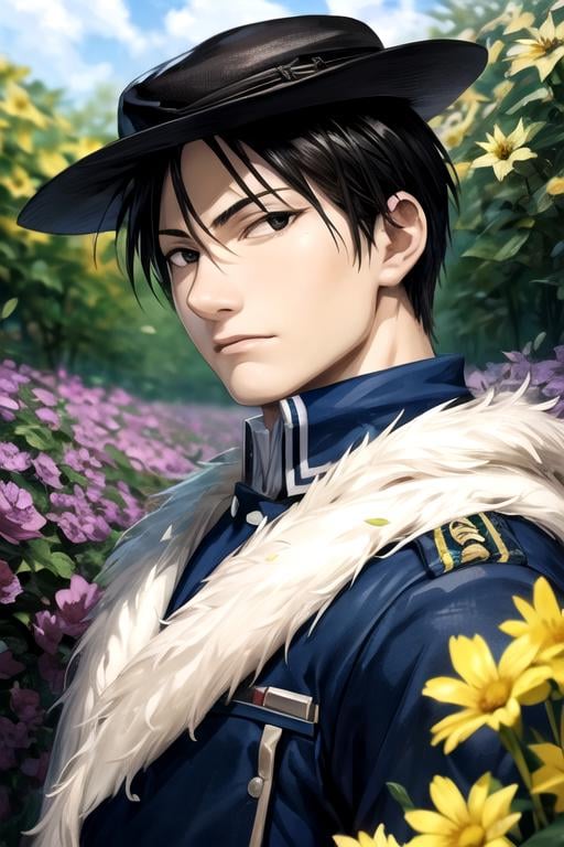 masterpiece, best quality, , 1boy, solo, male focus, looking at viewer, , depth of field, anime coloring, realistic, <lora:roy_mustang:0.74>, roy_mustang, black hair, black eyes, , cloche hat, field of flowers, 12k resolution