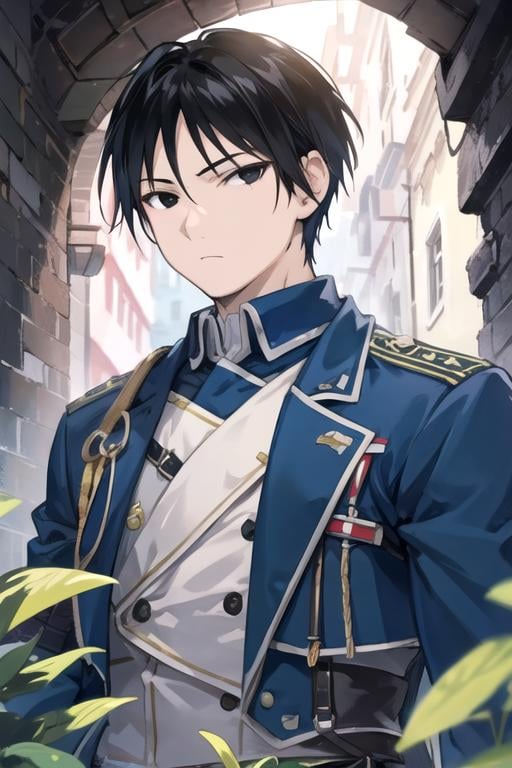 masterpiece, best quality, game cg, 1boy, solo, male focus, looking at viewer, upper body, depth of field, , , <lora:roy_mustang:0.68>, roy_mustang, black hair, black eyes, , A fairytale land where magical creatures live and thrive, 8k resolution