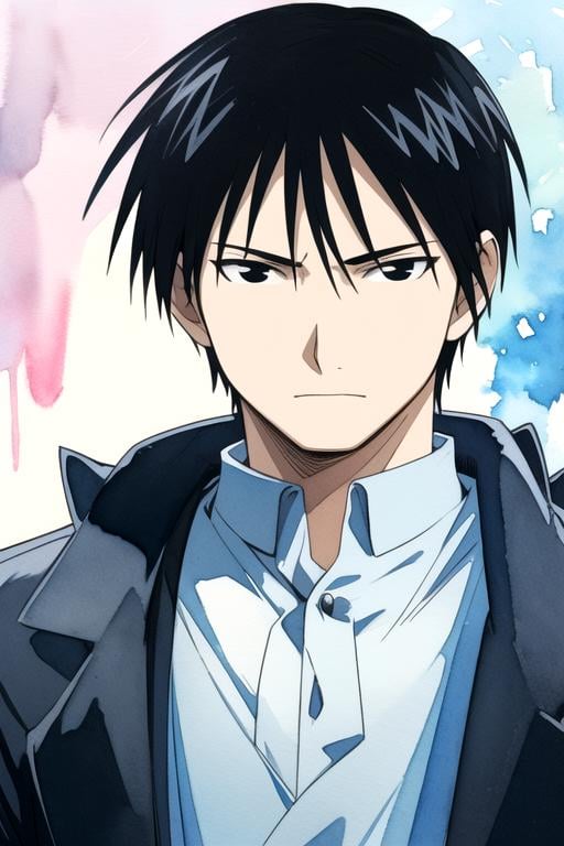 masterpiece, best quality, wallpaper, 1boy, solo, male focus, looking at viewer, upper body, , (watercolor illustration, soft pastel colors:1.1), realistic, <lora:roy_mustang:0.74>, roy_mustang, black hair, black eyes, henley, , science fiction cyberpunk, 4k resolution