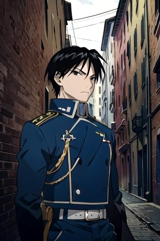 masterpiece, best quality, photorealistic, 1boy, solo, male focus, looking at viewer, , , anime coloring, , <lora:roy_mustang:0.72>, roy_mustang, black hair, black eyes, timber costume, , HDR