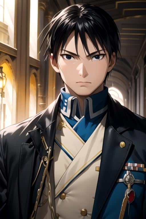 masterpiece, best quality, movie still, 1boy, solo, male focus, looking at viewer, upper body, depth of field, anime coloring, , <lora:roy_mustang:0.72>, roy_mustang, black hair, black eyes, firefighter costume, , HDR