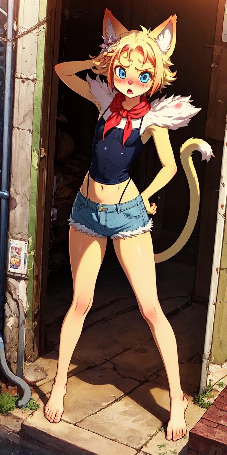  1boy, furry male, shorts, furry, solo, yellow fur, tail, animal ears, body fur, blue short shorts, bandana, animal nose, cat tail, cat boy, two-tone fur, standing, animal ear fluff, blush, snout, cat ears