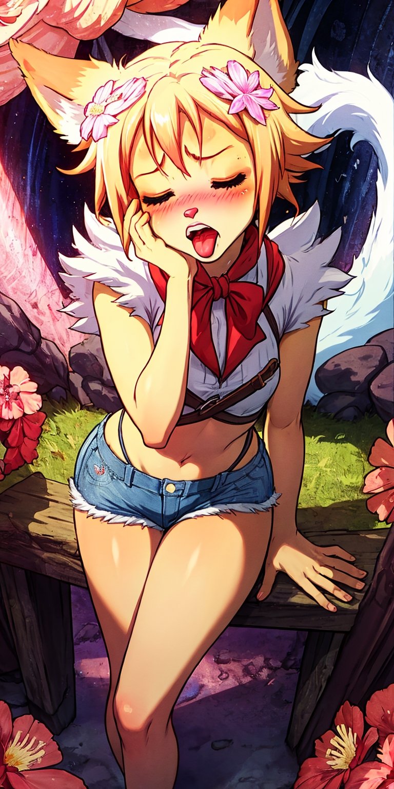  1boy, flower, open mouth, furry male, solo, hair ornament, blonde hair, hair flower, furry, blue eyes, blush, teeth, bangs, tongue, surprise, closed mouth, cat ears, fox tail, short shorts