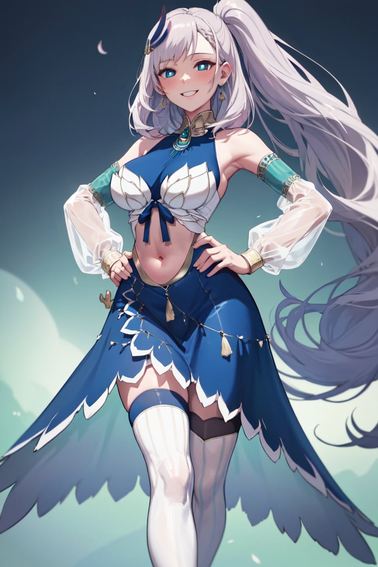 masterpiece, best quality, absurdres, perfect anatomy, ReineBase, bright pupils, long hair, side ponytail, feather hair ornament, blue dress, navel cutout, detached sleeves, earrings, white thighhighs, smile, hands on hips, large breasts, <lora:CHAR-PavoliaReineV2:1>