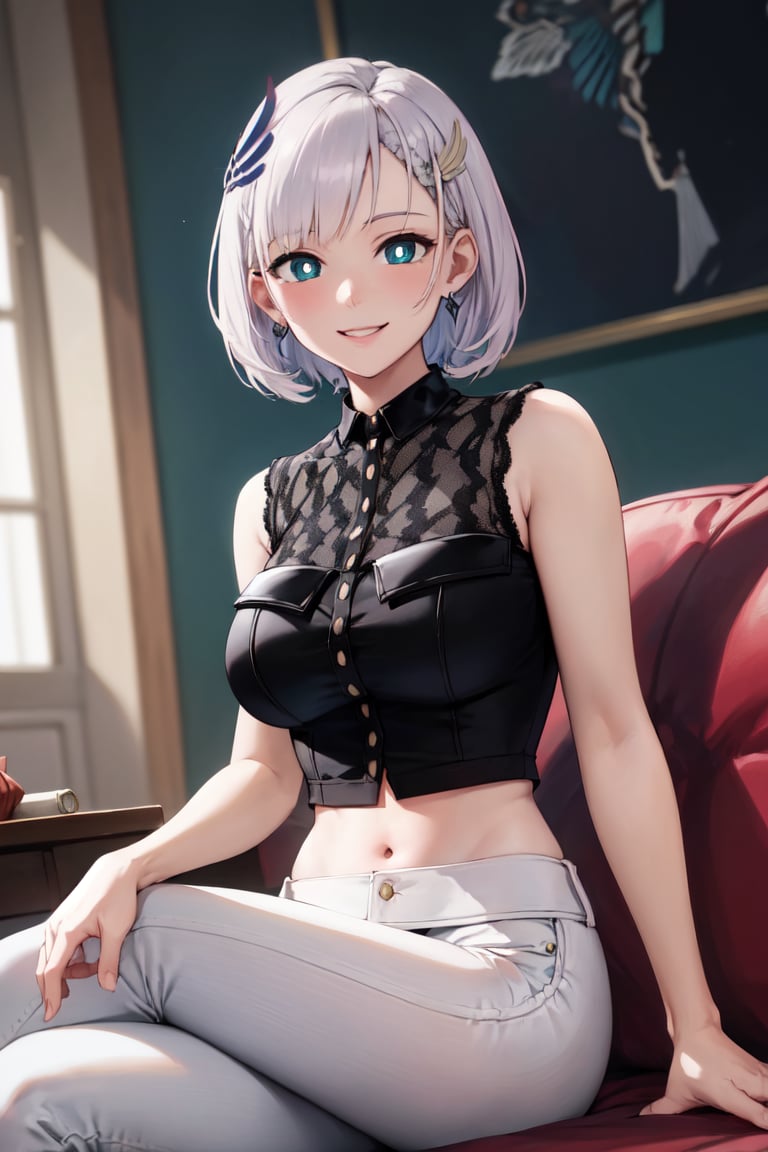 masterpiece, best quality, absurdres, perfect anatomy, ReineCasual, bright pupils, short hair, feather hair ornament, black shirt, sleeveless, midriff, white pants, earrings, smile, large breasts, sitting, couch, indoors, casual, <lora:CHAR-PavoliaReineV2:1>