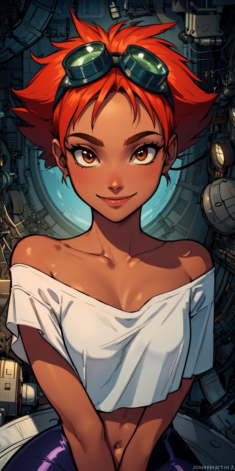Edward,  tan skin, tomboy, midriff, orange hair, (white loose shirt), off shoulder, spiked hair, barefoot, bike shorts, brown eyes, goggles on head,   upper body, smile,
space station, engine room, 
 (insanely detailed, beautiful detailed face, masterpiece, best quality)  volumetric lighting, best quality, masterpiece, intricate details, tonemapping, sharp focus, hyper detailed 