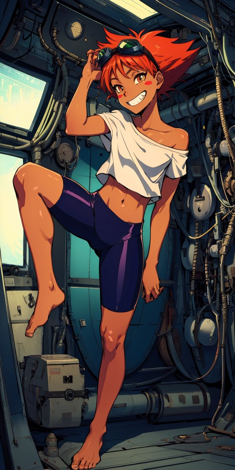 Edward,  tan skin, tomboy, midriff, orange hair, (white loose shirt), off shoulder, spiked hair, barefoot, bike shorts, brown eyes, goggles on head, blush stickers, grin, balancing on one leg,  full body, 
space station, engine room, 
 (insanely detailed, beautiful detailed face, masterpiece, best quality)  volumetric lighting, best quality, masterpiece, intricate details, tonemapping, sharp focus, hyper detailed 