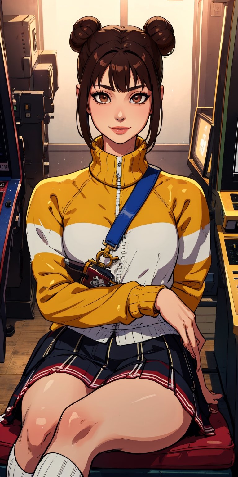 lifen, single hair bun, brown hair, brown eyes,  
 yellow and white jacket, long sleeves,  kneehighs,  shorts under skirt, 
chinatown, arcade,  indoors,  solo,   sitting, 
standing, upper body,  smile, 
(insanely detailed, beautiful detailed face,, masterpiece, best quality) cinematic lighting, 