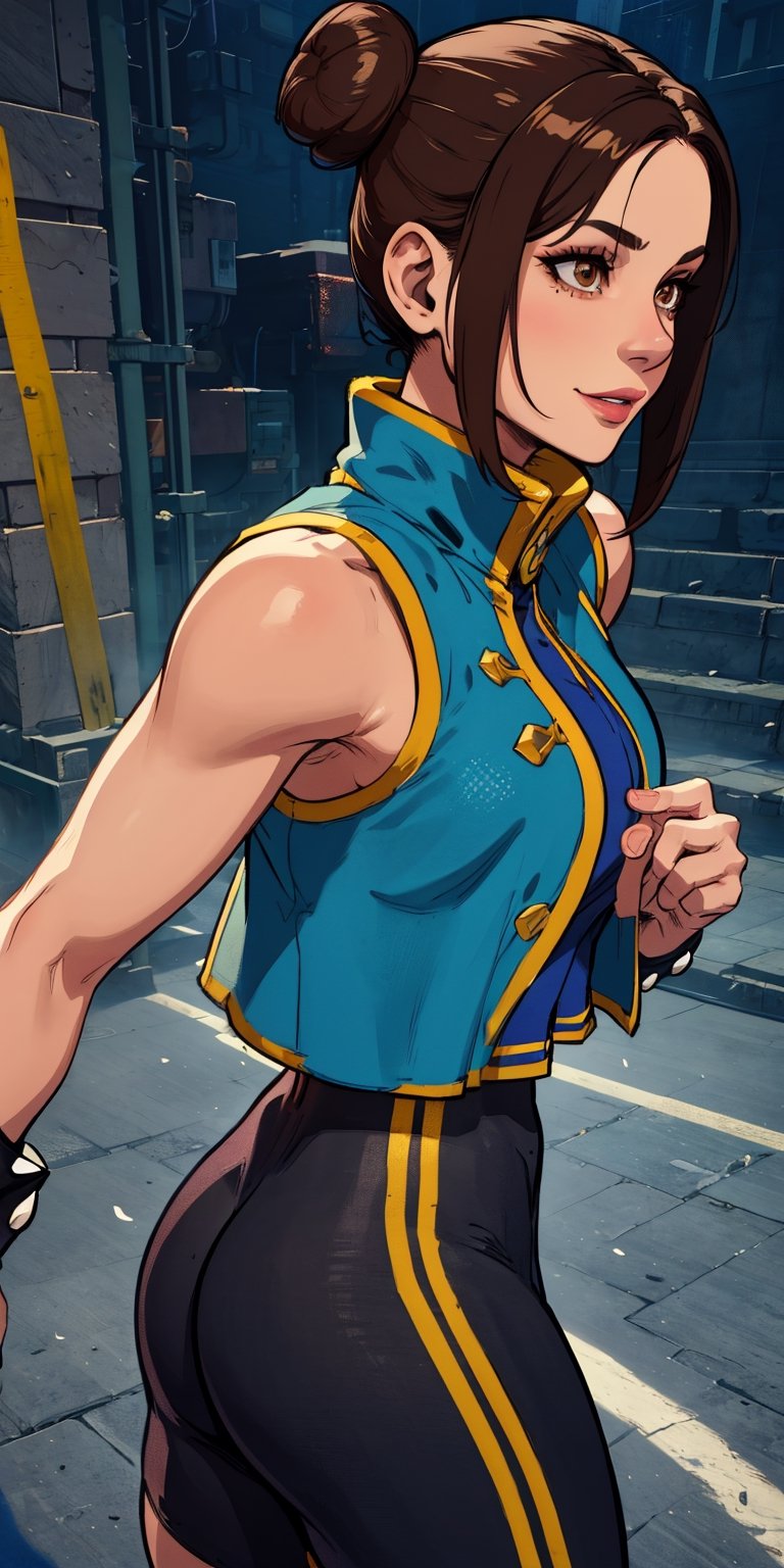 lifen, single hair bun, brown hair, brown eyes,  
blue tights,  blue vest, spike bangles,  toned, 
 solo,   streets,  arena,  from side, 
standing, upper body,  smile,  cowboy shot, 
(insanely detailed, beautiful detailed face,, masterpiece, best quality) cinematic lighting, 