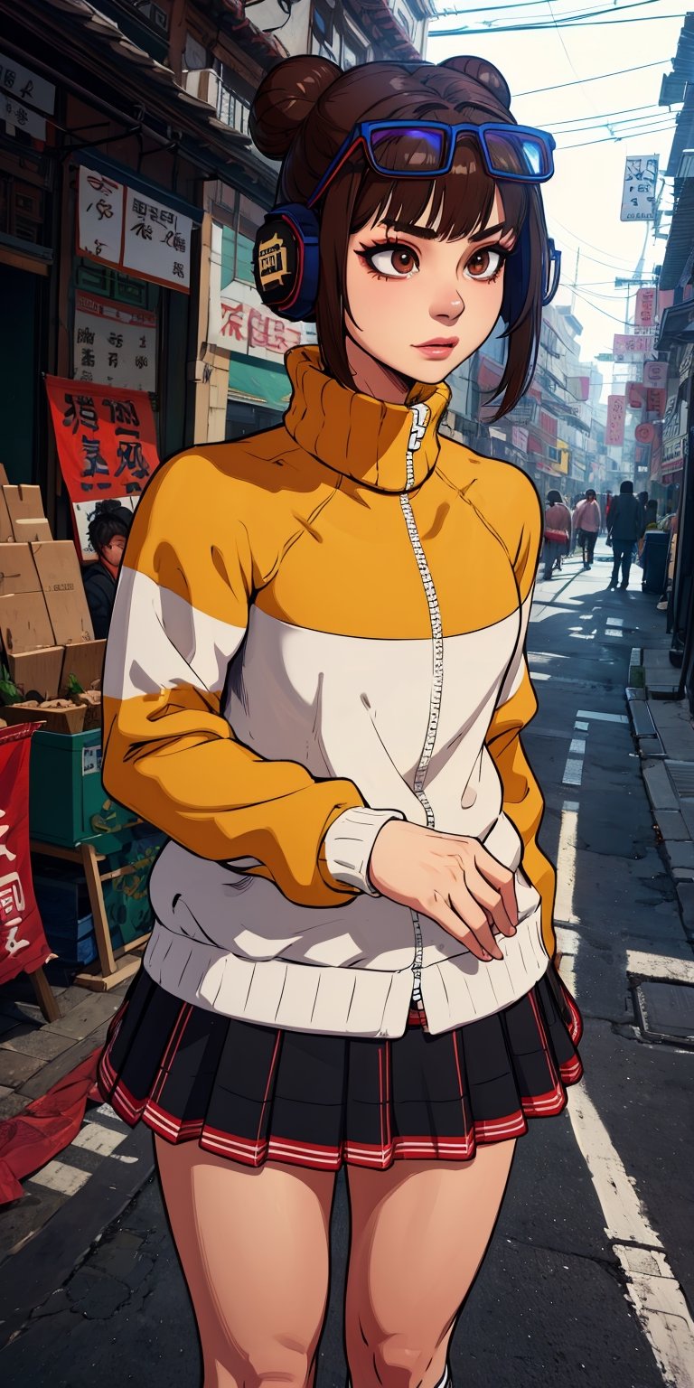 lifen, single hair bun, brown hair, brown eyes, 
eyewear on head,  headphones,  wyellow and white jacket, long sleeves,  kneehighs,  shorts under skirt, 
chinatown, morning, solo, 
standing, upper body, 
(insanely detailed, beautiful detailed face,, masterpiece, best quality) cinematic lighting, 