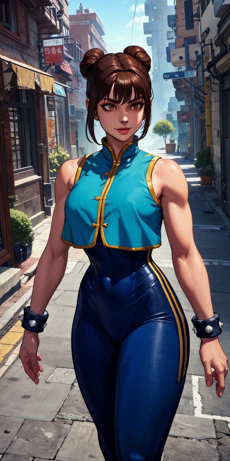 lifen, single hair bun, brown hair, brown eyes,  
blue tights,  blue vest, spike bangles,  toned, 
 solo,   streets,  arena, 
standing, upper body,  smile,  cowboy shot, 
(insanely detailed, beautiful detailed face,, masterpiece, best quality) cinematic lighting, 