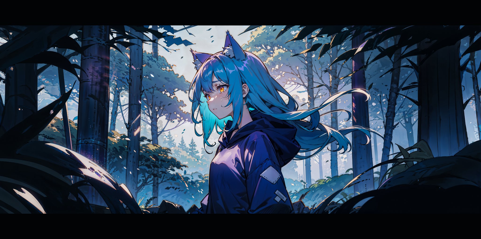 1girl, solo, from side, forest, night, light blue hair, cat ears, looking away, yellow eyes, long hair, small breasts, (purple hoodie:1.3), sad, upper body, wind,, teenage,  crying,