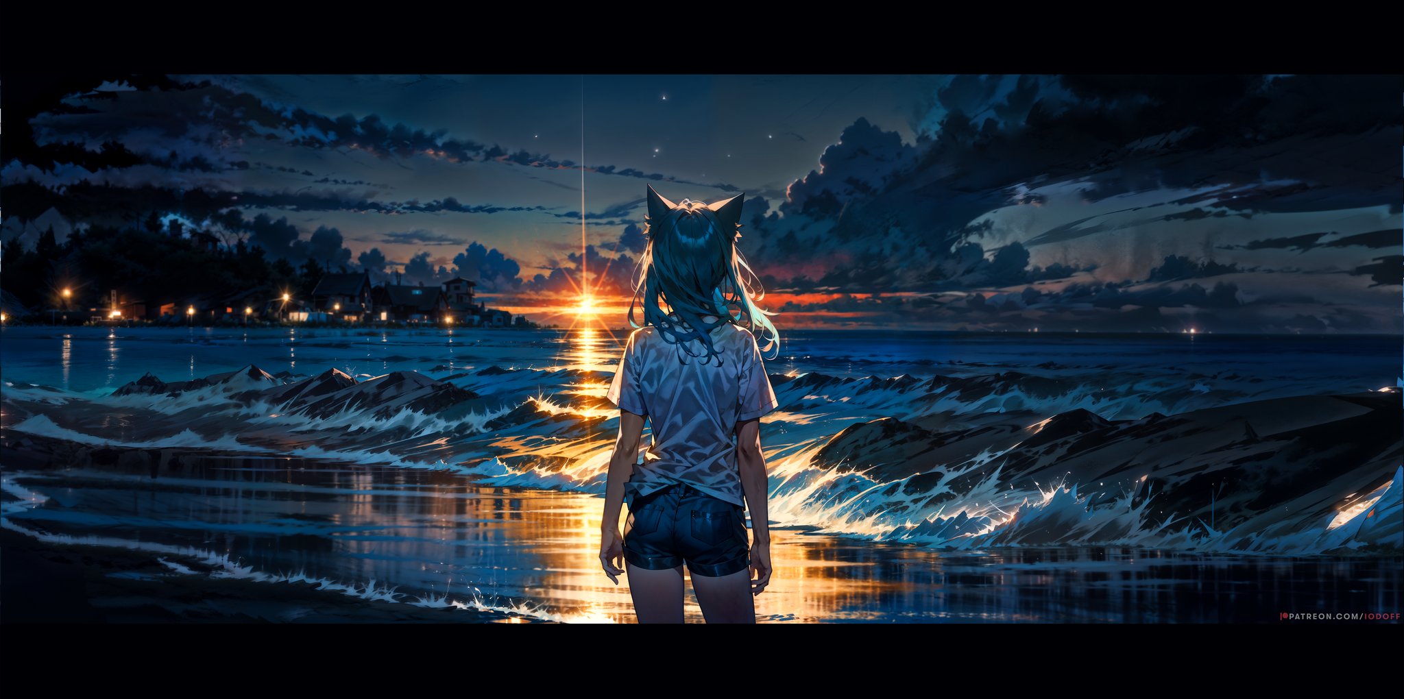 1girl, solo, beach, from behind, light blue hair, cat ears, standing, cowboy shot, white shirt, t-shirt, short shorts, black shorts, night, ocean, dark theme, long hair,