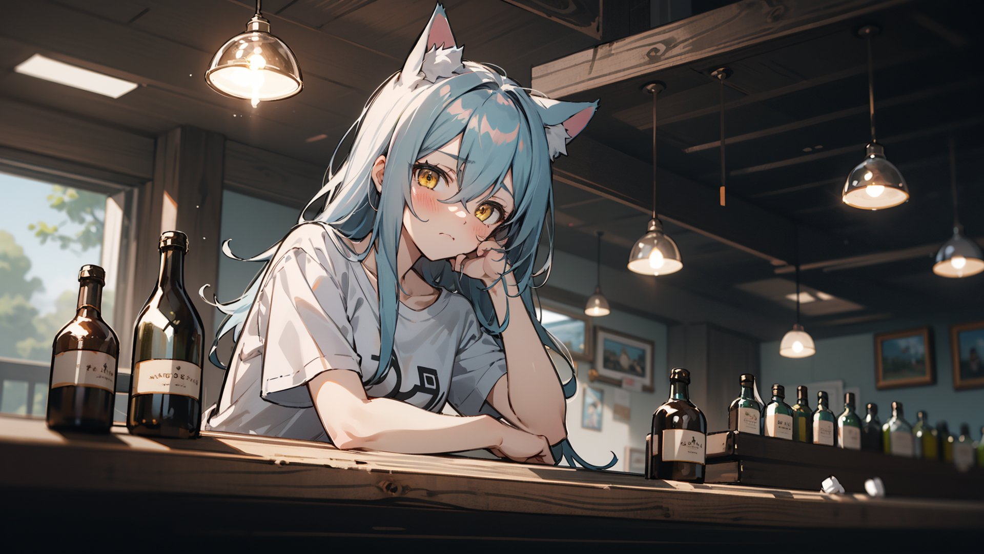 1girl, solo, (small breasts:1.1), white t-shirt, light blue hair, cat ears, yellow eyes, bar \(place\), bottle, blush, hand on own cheek, sitting, table, upper body, long hair, hair between eyes, short sleeves, sad,