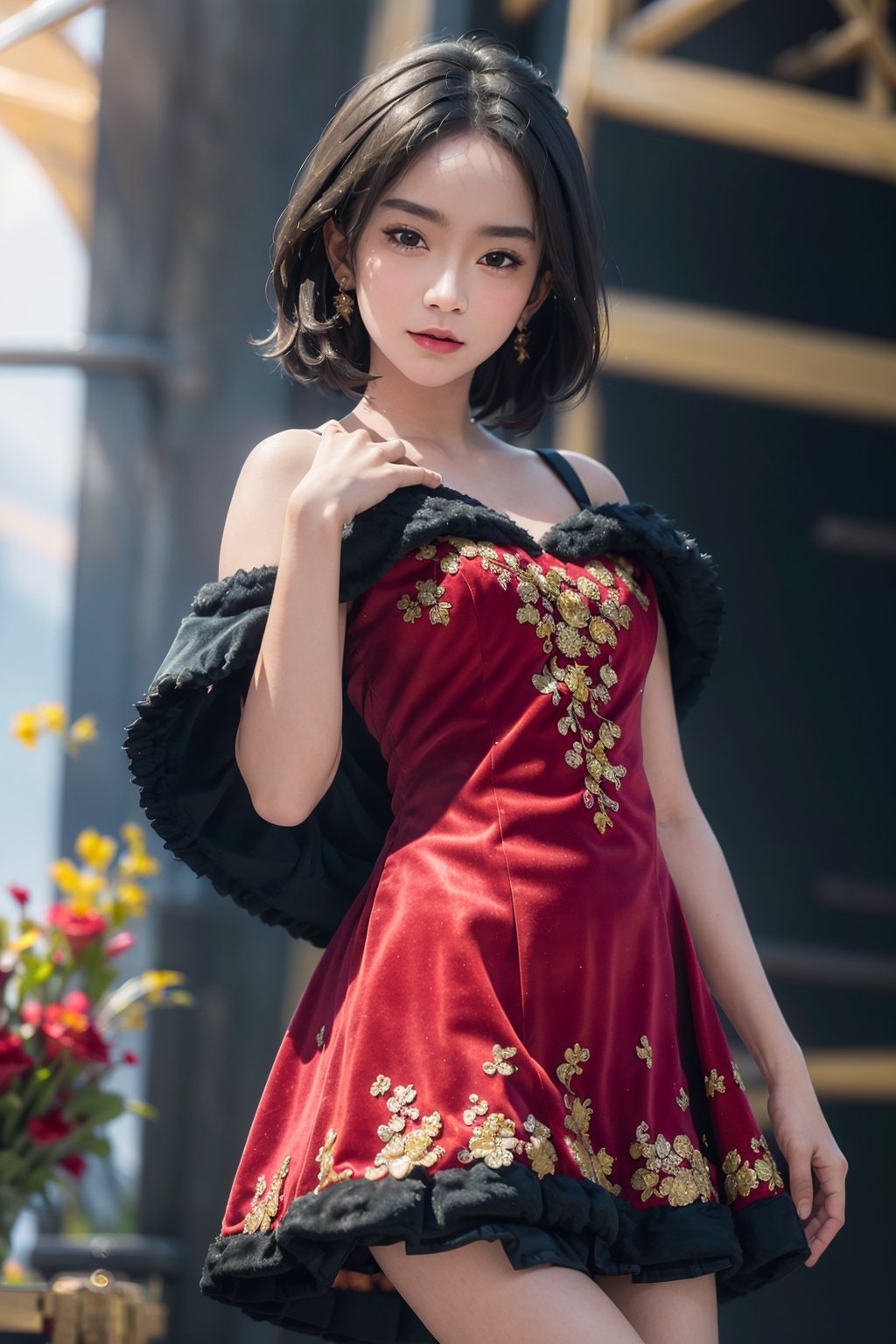 (Upper body, cowboy shot), detailed clothing, (exquisite illustration:1.4),(masutepiece:1.0), (Best quality:1.4), (超High resolution:1.2), (Actual photography:1.4), (8K, Raw:1.2), (Soft focus:1.4), (20 years:1.3), (Clear focus:1.4), (Renaissance art:1.4) , Beautifully detailed face, Super detailed face, Detailed lips, detailed eyes, Looking straight, short hair, black hair, skirt, black_skirt, miniskirt, pleated_skirt, shirt, dress, red_skirt, bare_shoulders, red_dress, spaghetti_strap, feather_boa, fur-trimmed_coat, fur-trimmed_jacket, fur_coat, fur_collar, fur_trim, fur, JKT48Ouja, fr3y4