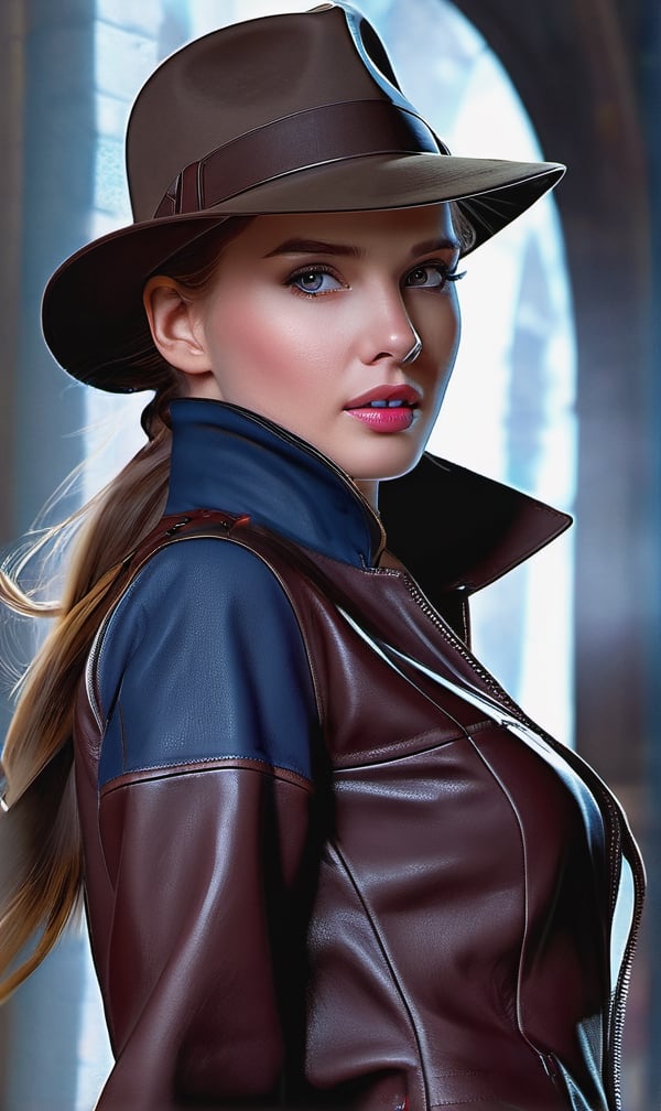 Realistic photo, Rule 63 Indiana Jones outside, long ponytail, novel cover, beautiful face, detailed eyes, open leather blouse, brown leather jacket, fedora, centered, rutkowski, WLOP, an ultra hd detailed photo, full body, wearing long tight brown real leathergloves witth 4 long fingers, leather harness, photo realistic, digital art, artgerm and james jean, ultra details, concept art of detailed character design, matte painting, intricate details, blade runner, Award Winning, Timeless artwork, Masterpiece, Genius, Worldclass, Extraordinary, Aesthetic, Beautiful, Stunning, Brilliant, cinematic, Dynamic, Cinematic lighting, inspirational, 32K resolution, HD, HQ, Vivid, Vibrant, Ultra detailed, photo realistic,