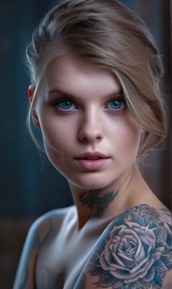 Tattooed Female Portrait, With Light Blue Eyes, Visible Tattoos, Digital Photography, Raw format, 8k, ultra realistic, hyper detailed

