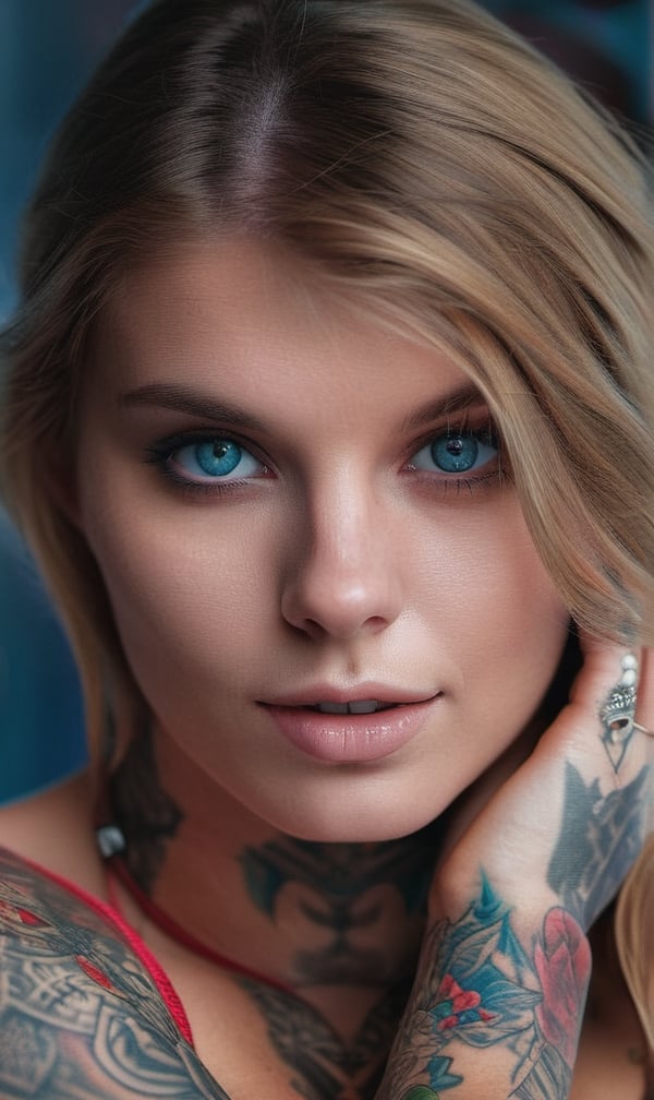 Tattooed Female Portrait, With Light Blue Eyes, Visible Tattoos, Digital Photography, Raw format, 8k, ultra realistic, hyper detailed


