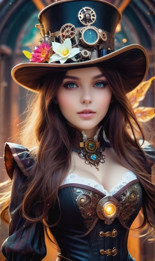 (masterpiece), (realistic), (best quality), (ultra-detailed), amazing, ((woman)), brunette hair, long hair, (((medium breasts))), slender weist, longing face, beautiful eyes, jewel in the sparkle galaxy, absurdres, highres, ultra detailed, (1girl:1.3), steampunk Necromancer attire, psychedelic, fractal patterns, geometric figures, dynamic, bright colors, (flowers, petals), steampunk_costume, corset, hat, SteampunkAI,steampunk style