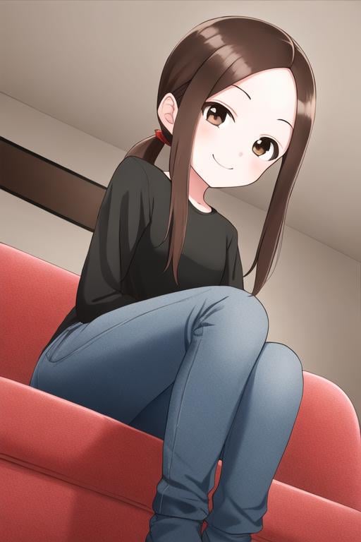 <lora:exTakagi:0.7>masterpiece, best quality, 1girl, solo, long hair, looking at viewer, smile, brown hair, ponytail, brown eyes, sidelocks, parted bangs, forehead, sitting, couch, from below, black shirt, long sleeves, jeans, red