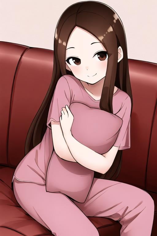 <lora:exTakagi:0.7>masterpiece, best quality, 1girl, solo, long hair, looking at viewer, smile, brown hair, hair down, brown eyes, sidelocks, parted bangs, forehead, sitting, couch, pink pajamas, short sleeves, pillow hug, 