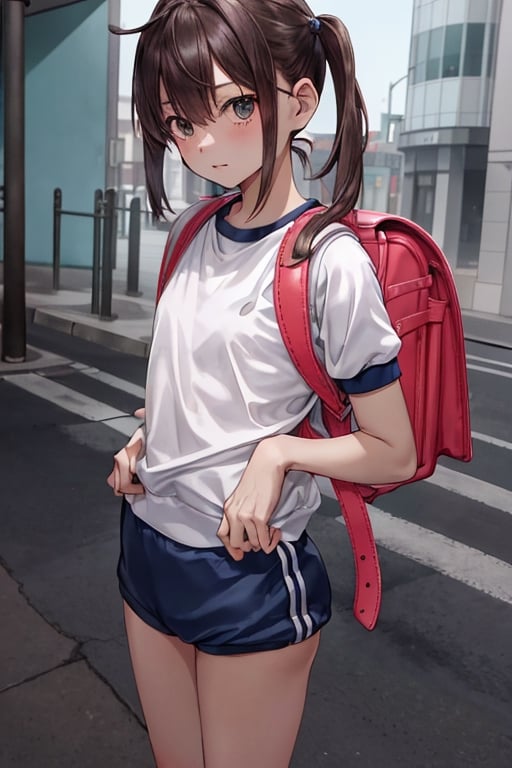 best quality, high res, a (solo small short:1.5) cute young girl is carrying randoseru backpack and wearing navy buruma and gym uniform with colored hem and standing in street of Shinjuku Tokyo with lots of stores and shop signs ,carrying randoseru backpack and wearing 