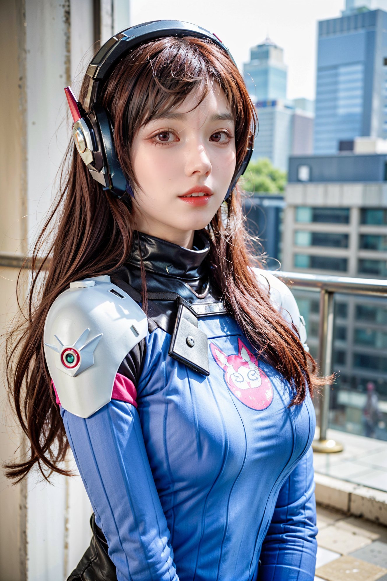 d.va,1girl,solo,bodysuit,brown hair,long hair,(facial mark),white gloves,(shoulder pads),headphones,ribbed bodysuit,high collar,<lora:add_detail:0.5>,<lora:D.va:0.6>,looking at viewer,city,<lora:add_detail:0.4>,