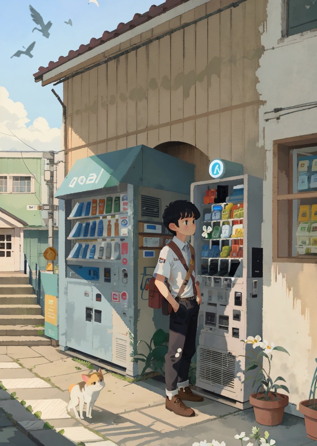 black pants, white flower, 1boy, vending machine, outdoors, flower, pants, white shirt, short hair, cat, black hair, shoulder bag, short sleeves, solo, brown footwear, collared shirt, bird, male focus, building,  blue sky, standing, wide shot, <lora:chahua_V1_bianping09HF:0.9>, best quality,masterpiece,