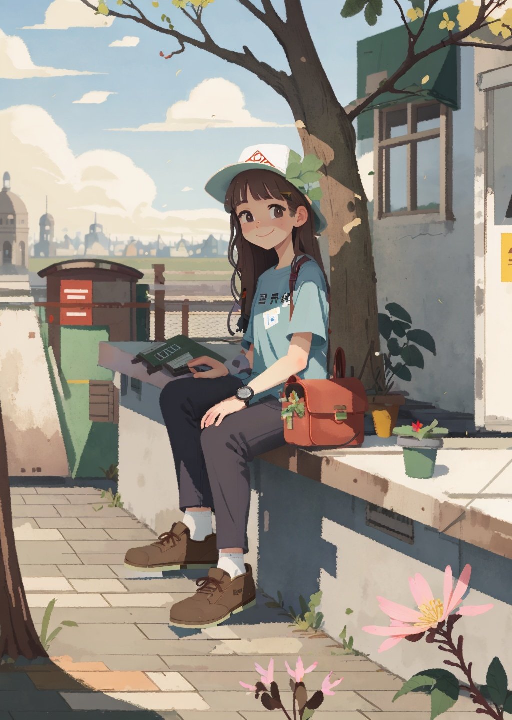 only one girl, tree, outdoors, brown footwear, watch, sitting, shirt, red flower,  flower, black pants, skirt,  building, white skirt, wristwatch,  smile, brown hair, blue shirt, cloud, shoes, pants,  white footwear, long hair, hat,  <lora:chahua_V1_bianping09HF:0.9>, best quality,masterpiece,